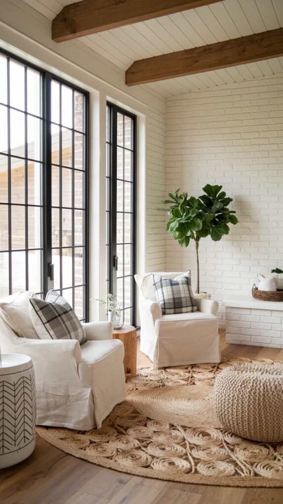 Sunlit sitting nook featuring white painted brick walls, exposed ceiling beams, two white slipcovered chairs, and tall black-framed industrial windows.
