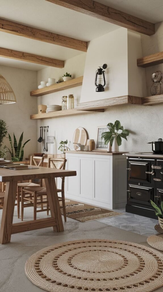 Rustic kitchen and dining area with exposed ceiling beams, a vintage black range, floating wooden shelves, and a large circular woven jute rug on a concrete floor.