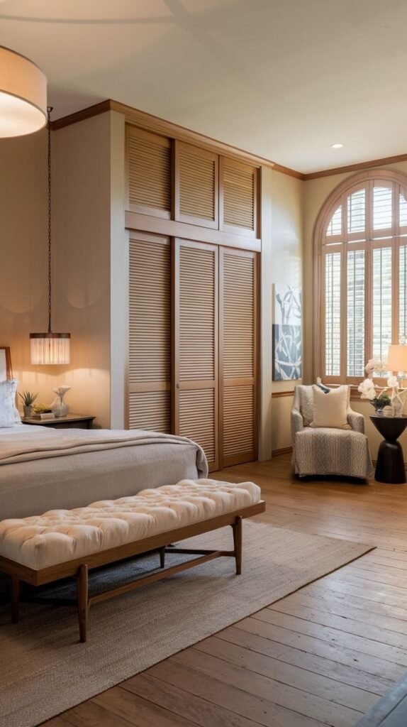 Warm-toned bedroom showcasing full-height built-in wardrobes with slatted louvered wooden doors, a tufted bench at the foot of the bed, and an arched window with wooden shutters.