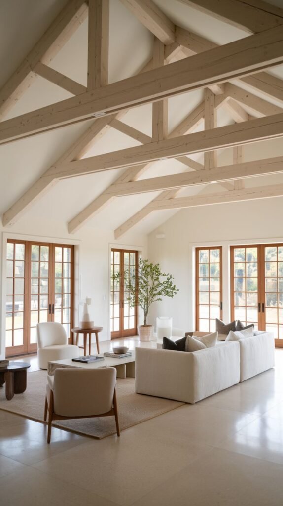 Grand living room space with a vaulted ceiling structure supported by light-toned exposed wooden trusses, surrounded by multiple glass French doors.
