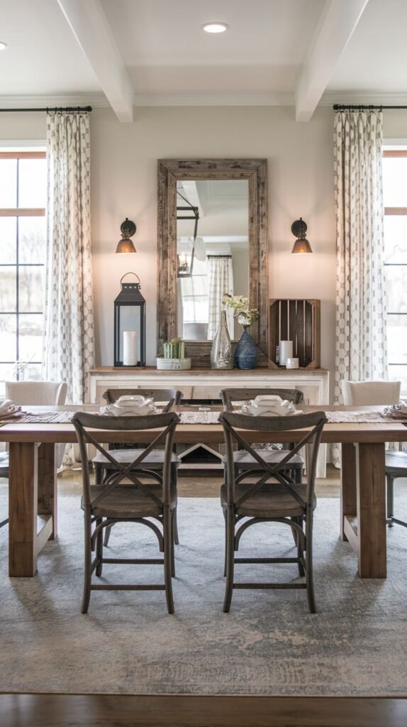 Dining room with a rustic wooden table and X-back chairs, centered by a distressed wood-framed mirror flanked by black sconces, under a coffered ceiling structure.