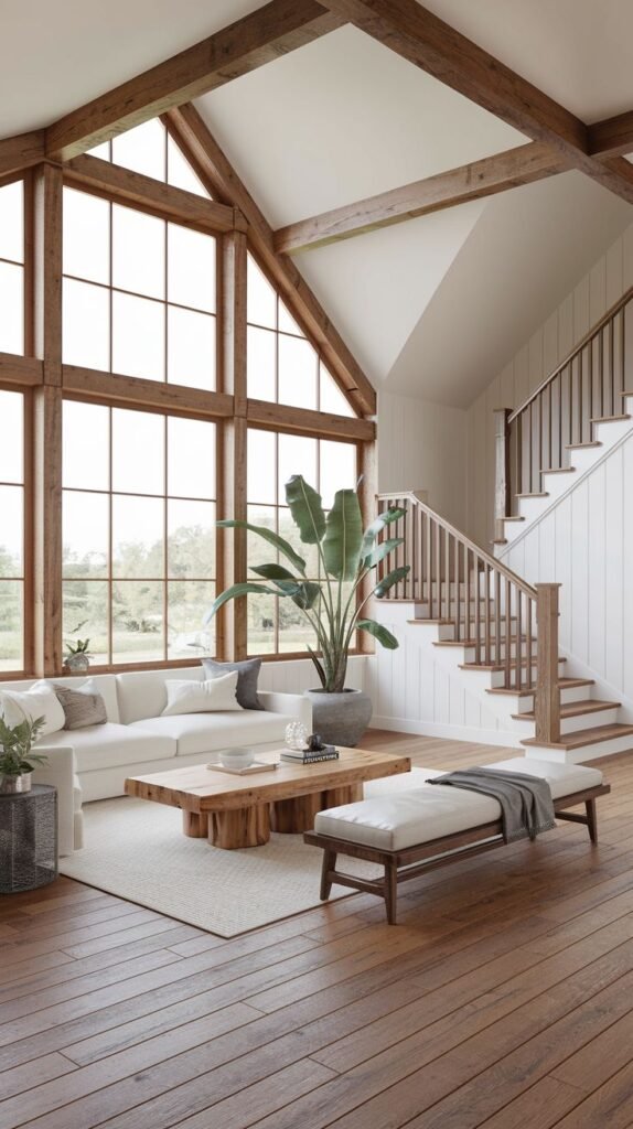 Lodge-style living room with a vaulted ceiling, heavy wooden trusses, wide wood plank floors, and a massive A-frame window, adjacent to a wooden staircase.