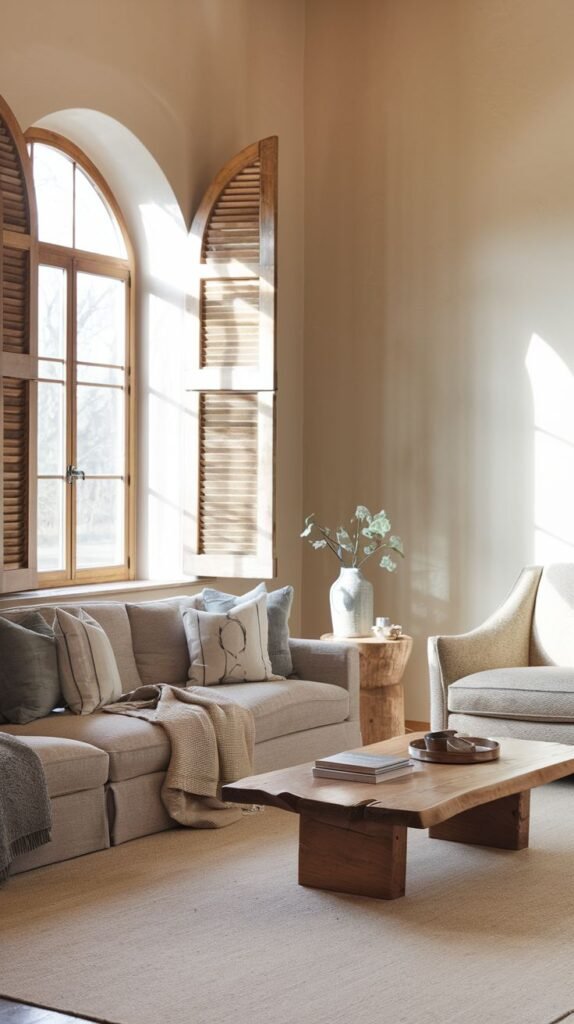 Mediterranean farmhouse living room with soft neutral walls, featuring arched windows fitted with louvered wooden shutters, centered by a natural wood block coffee table.
