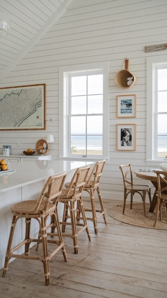 Coastal farmhouse kitchen with white horizontal shiplap walls and vaulted ceiling, a white island, and four rattan woven bar stools overlooking ocean views.