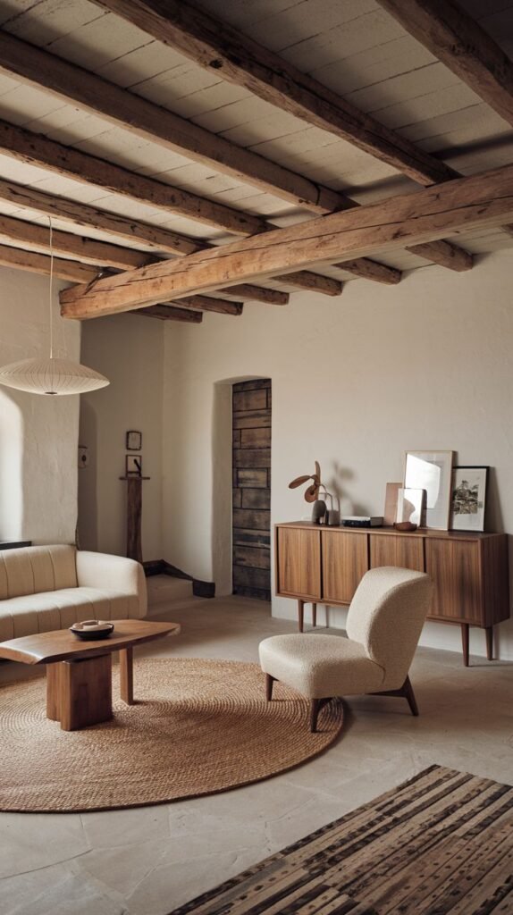Living room combining mid-century modern furniture (sofa, sideboard, armchair) with a rustic ceiling composed of heavy, exposed wooden beams.