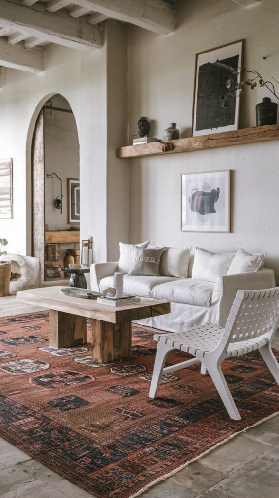 Farmhouse living area with white slipcovered sofa and rustic wood coffee table, anchored by a large, dramatically patterned red and black oriental rug.