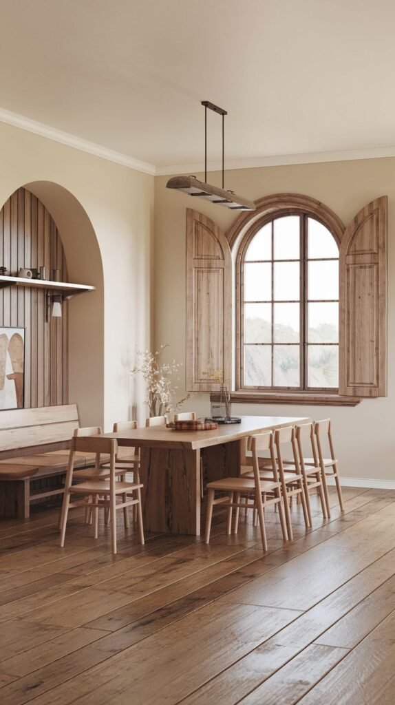 Dining room with arched architectural features, wide wooden plank flooring, a thick wooden table, matching wooden chairs, and an arched window with wooden shutters.