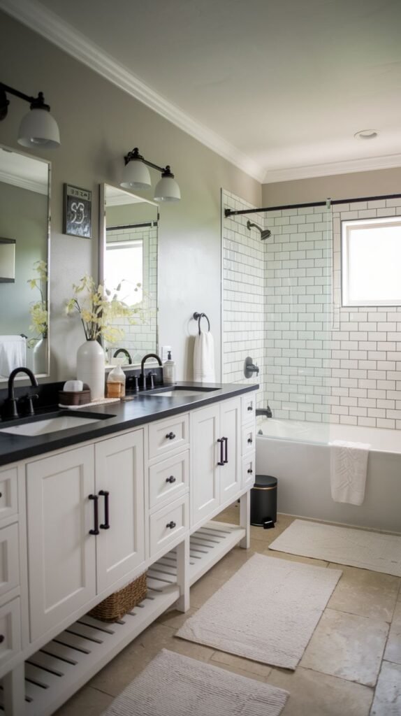 White furniture-style vanity featuring matte black countertops and black hardware, subway tile tub surround, and light beige floor tiles in a high-contrast Modern Farmhouse Master Bathroom.