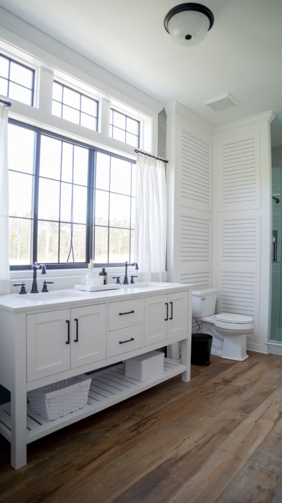 White dual vanity, distressed wide plank wood flooring, large black grid windows, and floor-to-ceiling white louvered storage cabinets in a bright Modern Farmhouse Master Bathroom.