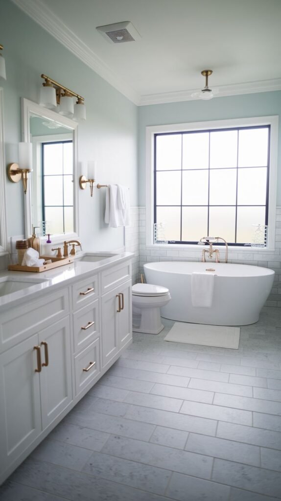 White vanity with gold/brass hardware, light mint green walls, gray rectangular floor tiles, and a sleek white freestanding tub with gold fixtures in a contemporary Modern Farmhouse Master Bathroom.