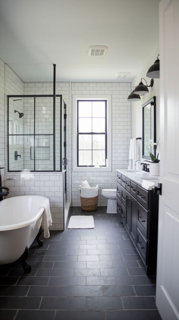 Black dual vanity, dark charcoal rectangular floor tiles, white subway tile walls, and a black grid glass shower enclosure adjacent to a white clawfoot tub in a dramatic Modern Farmhouse Master Bathroom.