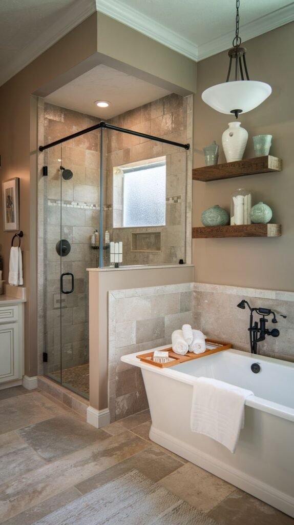 Drop-in tub and walk-in shower area tiled in warm beige stacked stone, featuring rustic wood floating shelves and an oil-rubbed bronze tub filler in a spa-like Modern Farmhouse Master Bathroom.