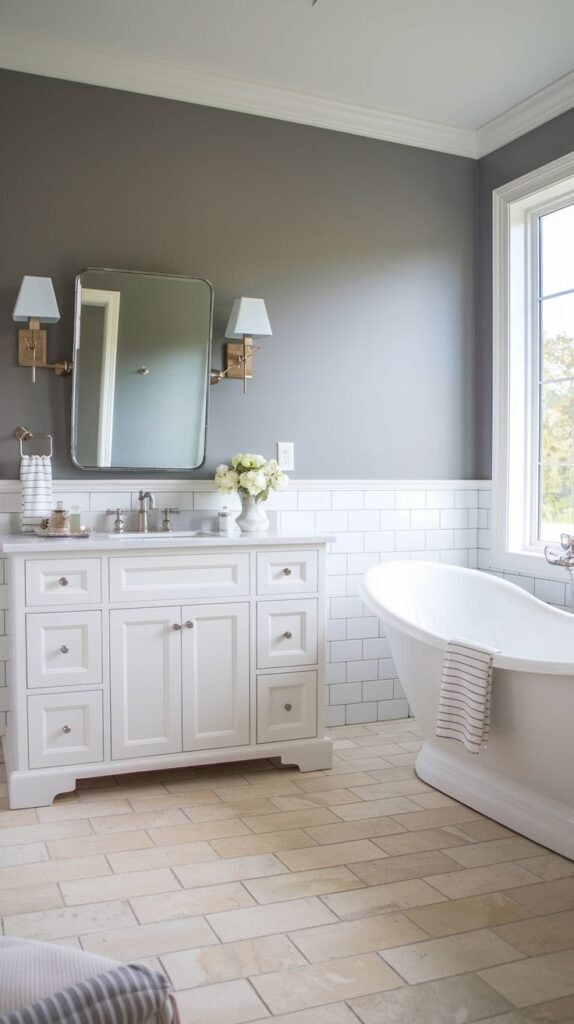 White furniture vanity, freestanding white tub, dark gray painted walls above a white subway tile wainscoting, and large light beige floor tiles in an elegant Modern Farmhouse Master Bathroom.