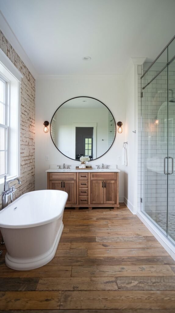 Natural wood vanity, white freestanding tub, white-washed exposed brick accent wall, large round black mirror, and wide plank reclaimed wood flooring in a Modern Farmhouse Master Bathroom.