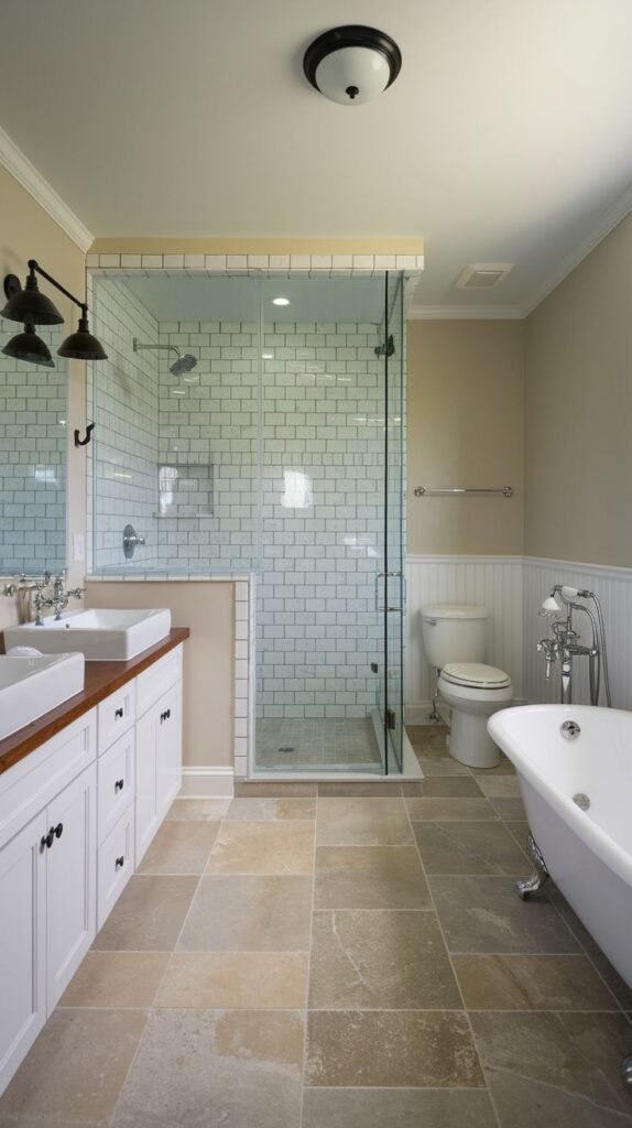 White vanity with dual vessel sinks and wood countertop, white beadboard wainscoting, a white clawfoot tub, and a glass shower enclosure above beige stone floor tiles in a Modern Farmhouse Master Bathroom.