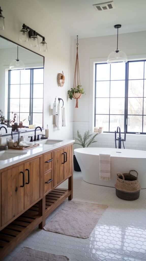 Natural wood open-shelf vanity, white freestanding tub, large black grid windows, and white hexagon mosaic floor tile in a bright Modern Farmhouse Master Bathroom.