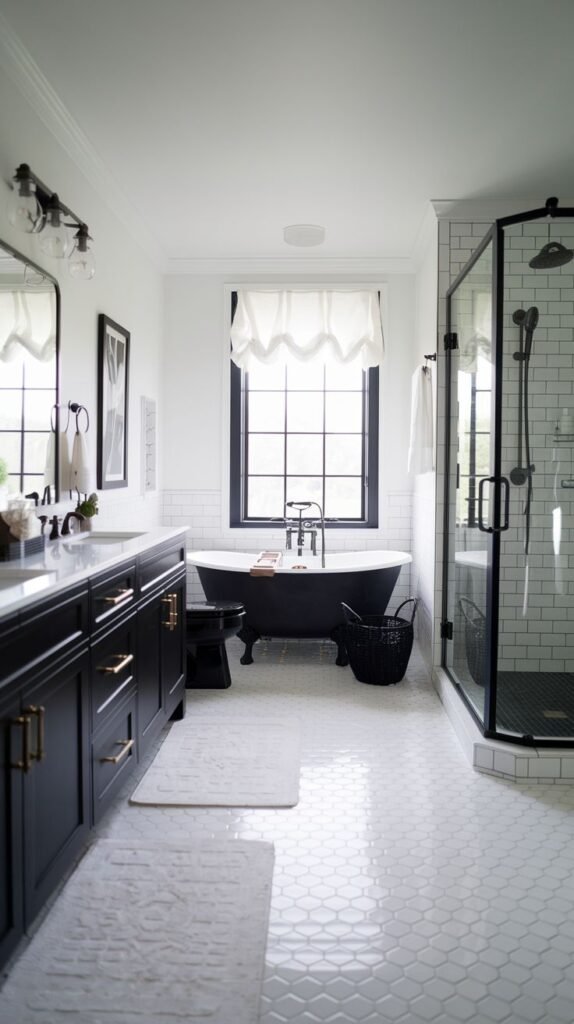 Black dual vanity with gold hardware, glossy white scalloped/fish scale floor tiles, black freestanding tub, and a black-framed glass shower enclosure in a highly stylized Modern Farmhouse Master Bathroom.
