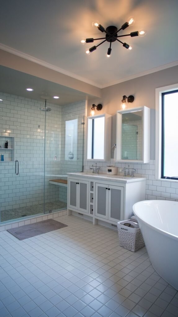 White vanity with integrated mirrored medicine cabinets, black "Sputnik" style chandelier, white subway tile shower with a wooden bench, and white square floor tiles in a Modern Farmhouse Master Bathroom.