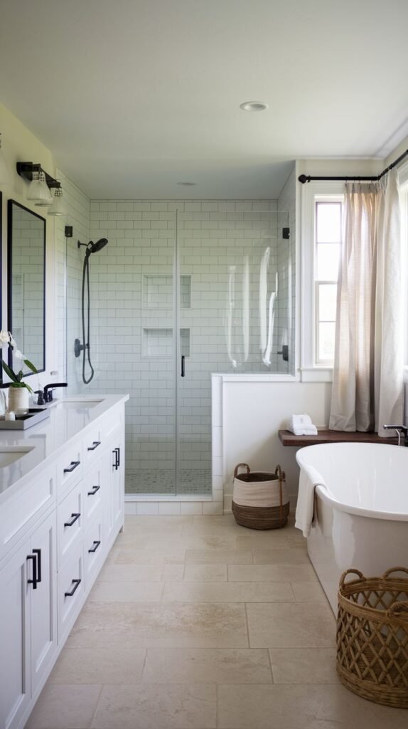 White vanity with black hardware, white subway tile walk-in shower divided by a pony wall, and a freestanding tub with natural woven storage baskets on light beige floor tiles in a Modern Farmhouse Master Bathroom.
