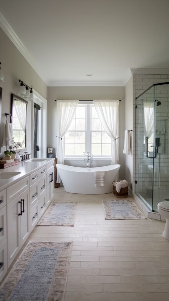 White dual vanity, light beige wood-look plank floor tiles, white freestanding tub under sheer curtains, and a glass-enclosed shower in an airy Modern Farmhouse Master Bathroom.