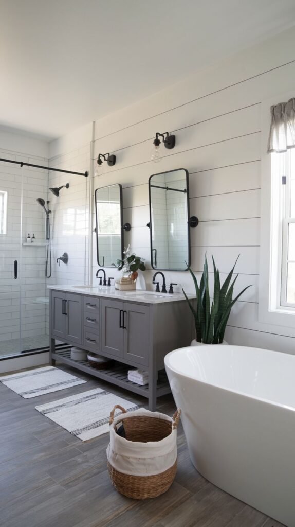 Matte gray dual vanity against a white horizontal shiplap accent wall, vertical rectangular black mirrors, a white freestanding tub, and distressed gray plank floor tiles in a Modern Farmhouse Master Bathroom.