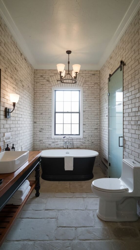 White-washed exposed brick walls, black clawfoot tub, wood slab vanity, and a sliding glass barn door shower enclosure with natural stone floor tiles in a rustic Modern Farmhouse Master Bathroom.