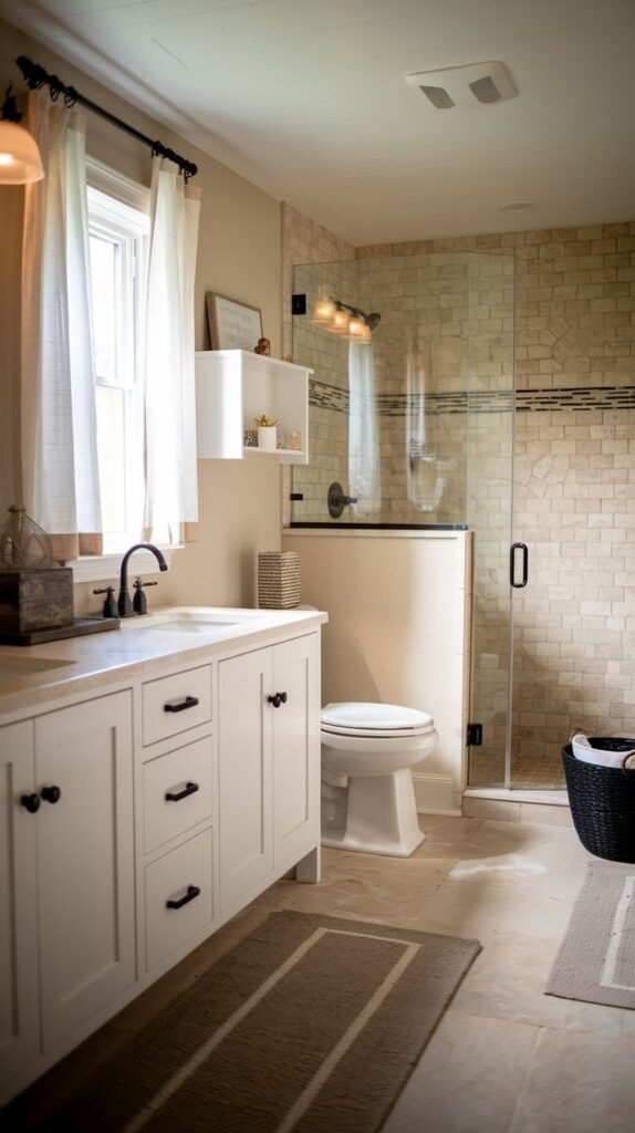 White vanity with black hardware, beige walls, and a shower with light stone mosaic tile featuring a dark horizontal accent band above large beige floor tiles in a Modern Farmhouse Master Bathroom.