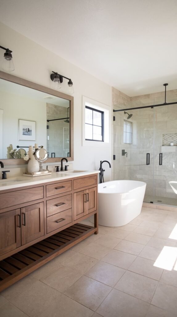 Rich, mid-tone wood double vanity with open lower storage, large framed mirror, white oval tub, and light beige large square floor tiles in a spacious Modern Farmhouse Master Bathroom.