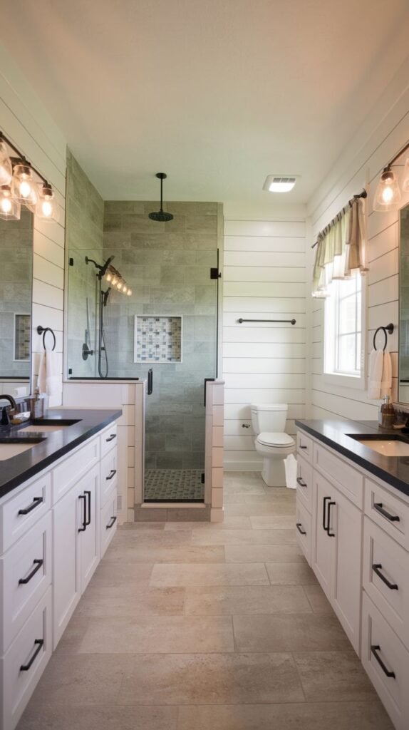 Symmetrical layout featuring two separate white vanities with black counters flanking a central glass-enclosed shower, set against white horizontal shiplap walls in a Modern Farmhouse Master Bathroom.
