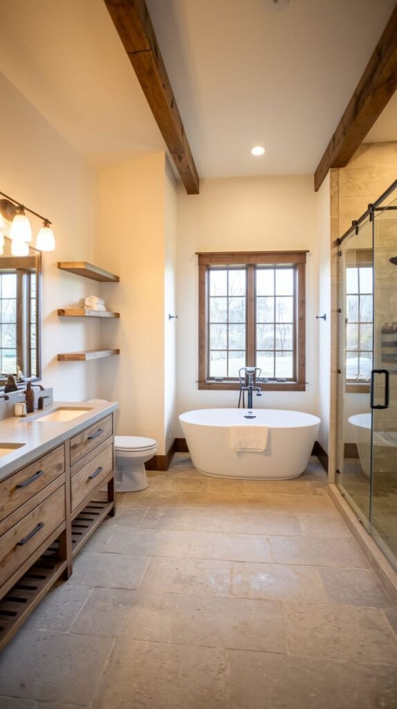 Exposed dark wood ceiling beams, natural wood vanity, white oval tub under a wood-framed window, and large, irregular natural stone floor tiles in a highly rustic Modern Farmhouse Master Bathroom.