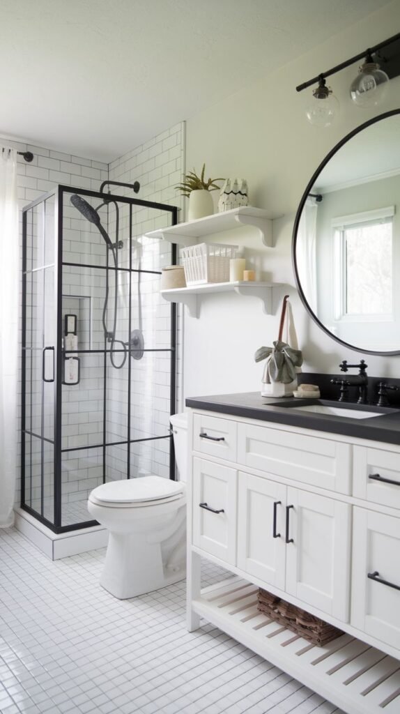 White vanity with black countertop, large circular black-framed mirror, white square mosaic floor tile, and a black grid glass shower enclosure in a high-contrast Modern Farmhouse Master Bathroom.