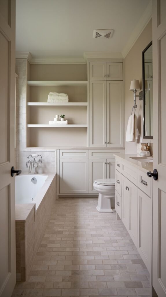 Long neutral bathroom with extensive built-in beige cabinetry and shelving, and a drop-in tub surrounded by small rectangular beige tiles, matching the brick-patterned floor in a cohesive Modern Farmhouse Master Bathroom.