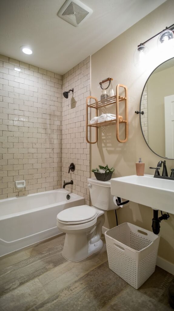 White vessel sink, copper-toned pipe and wood round shelving unit above the toilet, white subway tile tub surround, and distressed wood-look floor planks in a compact Modern Farmhouse Master Bathroom.