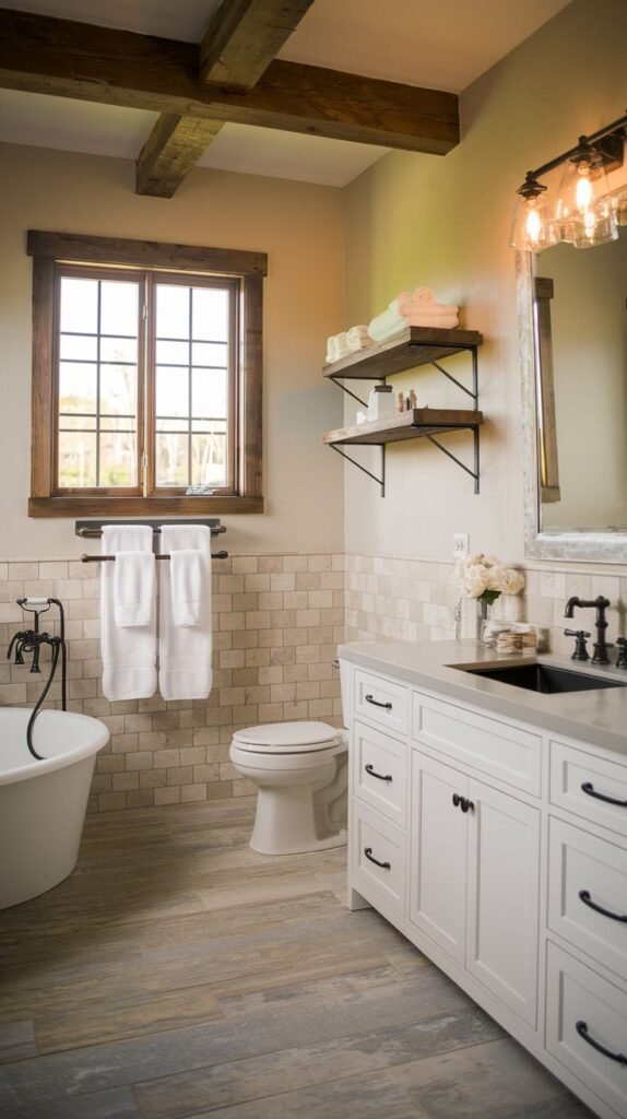 Exposed dark wood ceiling beams, white vanity with black hardware, rustic floating shelves with metal brackets, a freestanding tub, and light beige stone tile wainscoting in a textured Modern Farmhouse Master Bathroom.