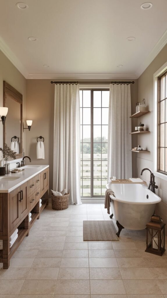 Traditional white clawfoot tub, long medium-toned wood vanity with open shelving, neutral square floor tiles, and white floor-to-ceiling curtains in a Modern Farmhouse Master Bathroom.