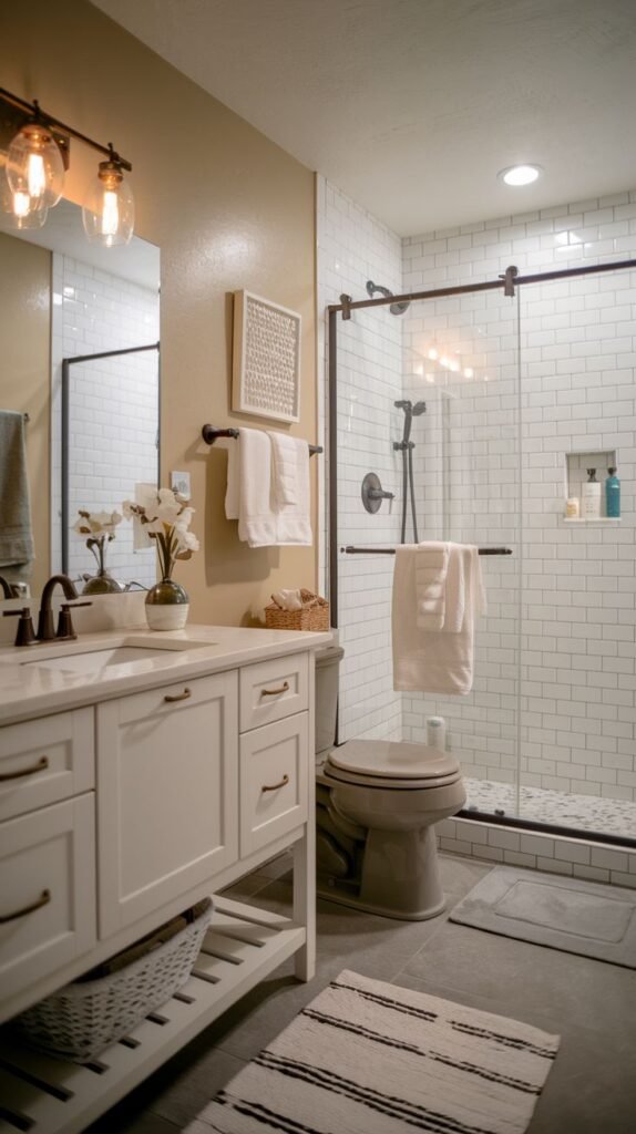 Off-white vanity with open base shelf, dark-framed sliding glass shower door with white subway tile, and statement industrial vanity lighting with exposed filament bulbs in a Modern Farmhouse Master Bathroom.