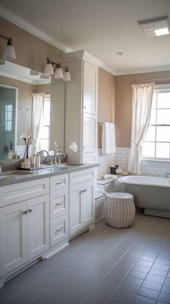 White dual vanity integrated with a tall linen storage cabinet, gray square floor tiles, and a tiled tub surround with sheer curtains in a neutral Modern Farmhouse Master Bathroom.