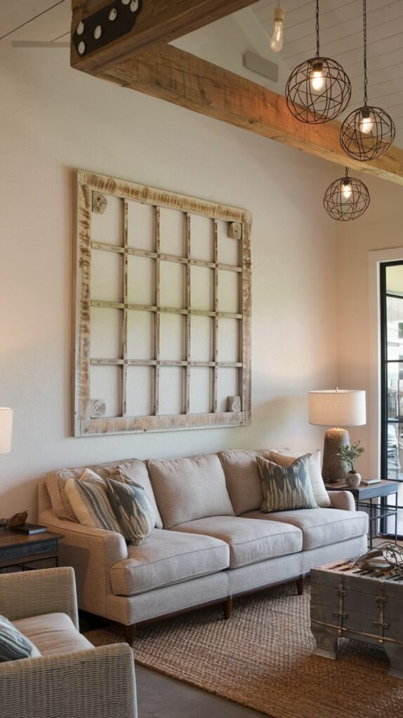 Living room scene featuring a neutral sofa beneath a large, weathered square wooden grid panel.