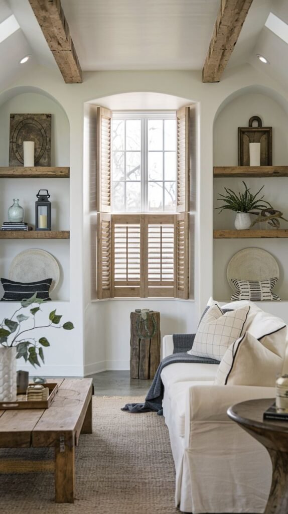 White living room featuring symmetrical built-in arched recesses flanking a window, each recess housing two rustic wood shelves decorated with lanterns and woven objects.