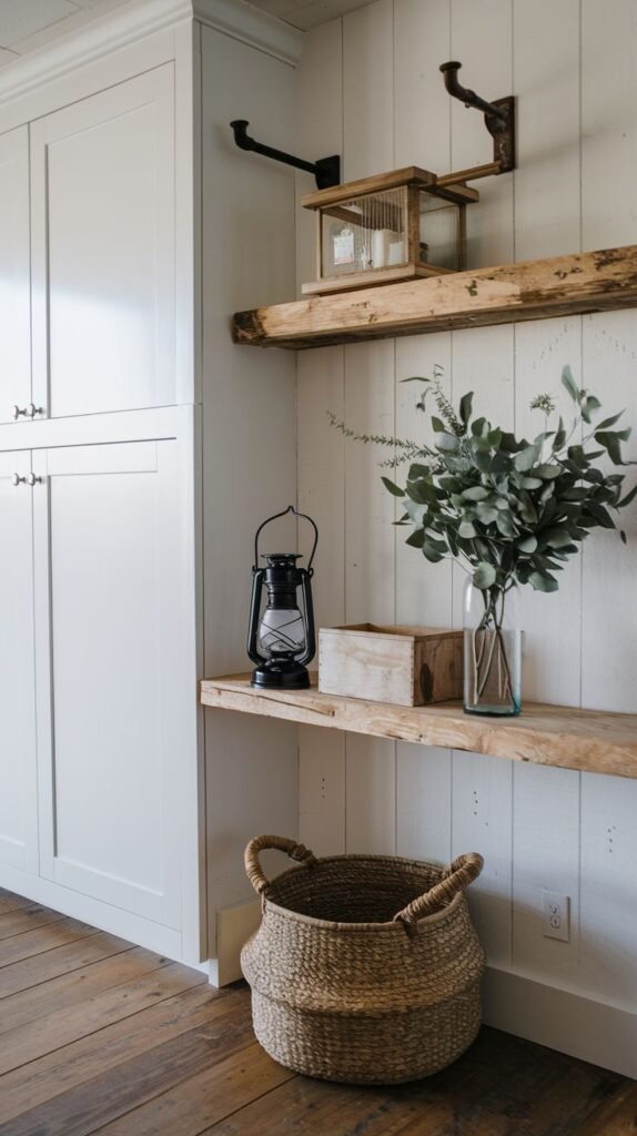 Detail of rustic, thick live-edge floating wood shelves supported by dark, rugged industrial brackets against a white shiplap wall.
