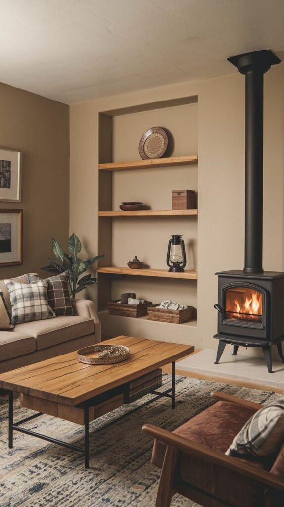 Living room featuring a black freestanding wood stove next to a recessed wall niche where three wooden shelves display various farmhouse-style decor, including a lantern and woven baskets.