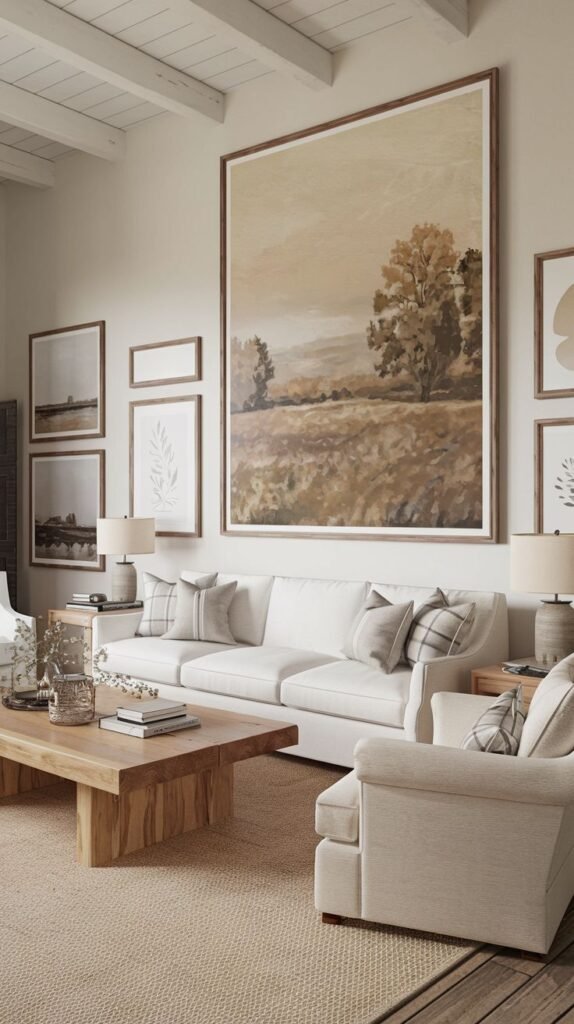 A spacious gallery wall centered on an extra-large framed landscape painting in earthy tones, surrounded by a cluster of smaller coordinating prints.