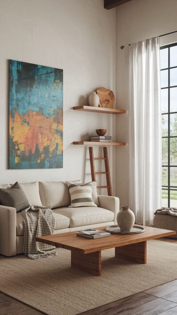 Modern living room featuring a tall abstract painting in bold blue and orange tones next to a pair of light wood floating shelves.
