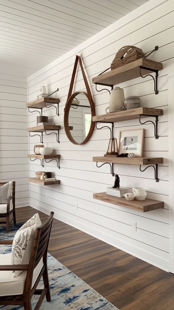 A white shiplap wall adorned with a grid layout of wooden floating shelves supported by decorative black scroll brackets, centered around a circular leather-strap hanging mirror.