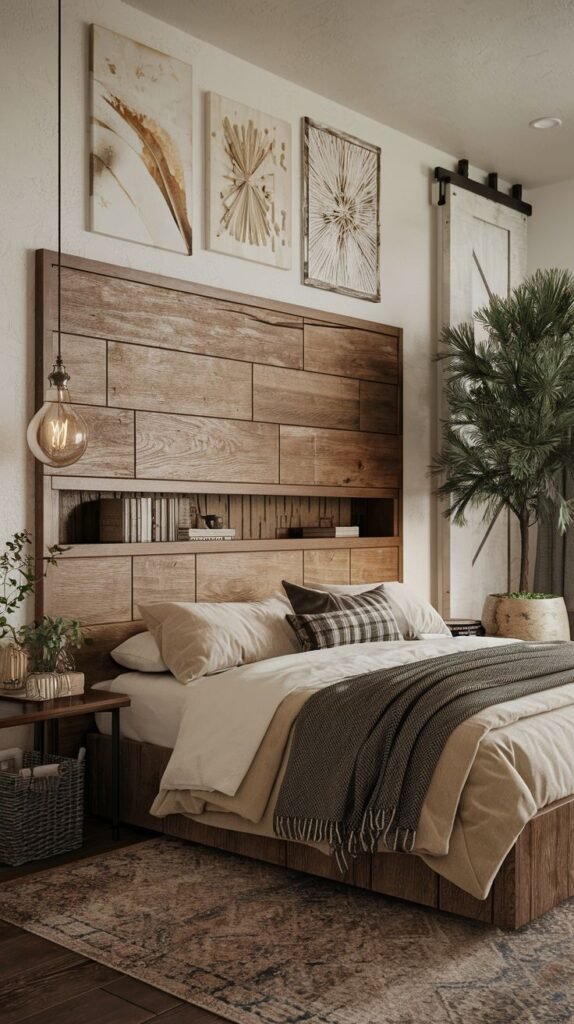 Bedroom view showing a wide, horizontal reclaimed wood paneled wall serving as a headboard structure, topped by three naturalistic pieces of framed artwork.