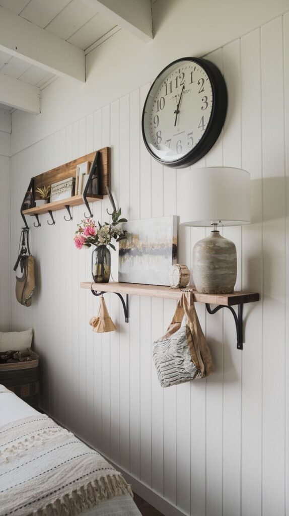 White vertical planked wall featuring a large black clock, an ornamental wooden shelf with hooks above, and a lower floating shelf serving as a nightstand display.
