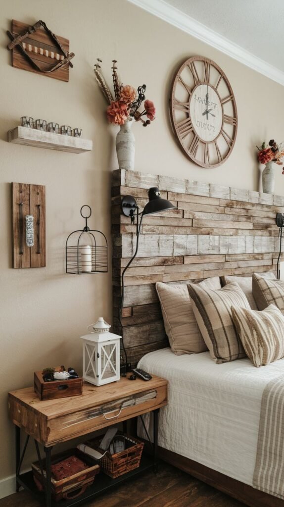 Bedroom displaying a plank wood headboard flanked by a large round wooden clock and an eclectic gallery assortment of small wooden decor elements and shelves on the side wall.