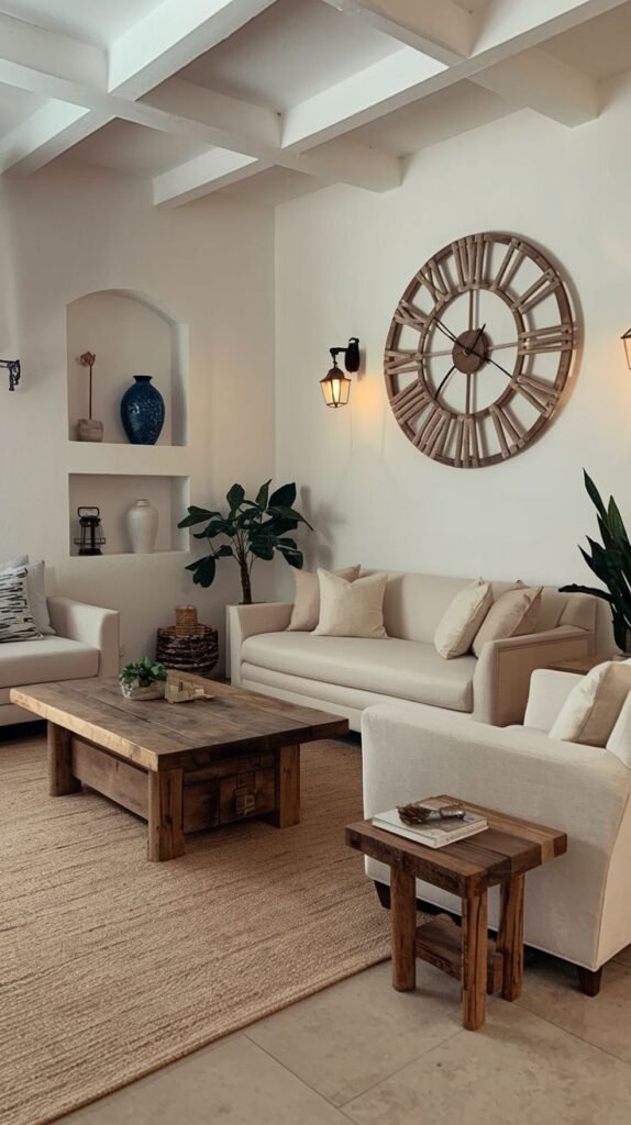 A spacious room with a white coffered ceiling, centered around a large circular wooden clock featuring Roman numerals above a cream sofa.