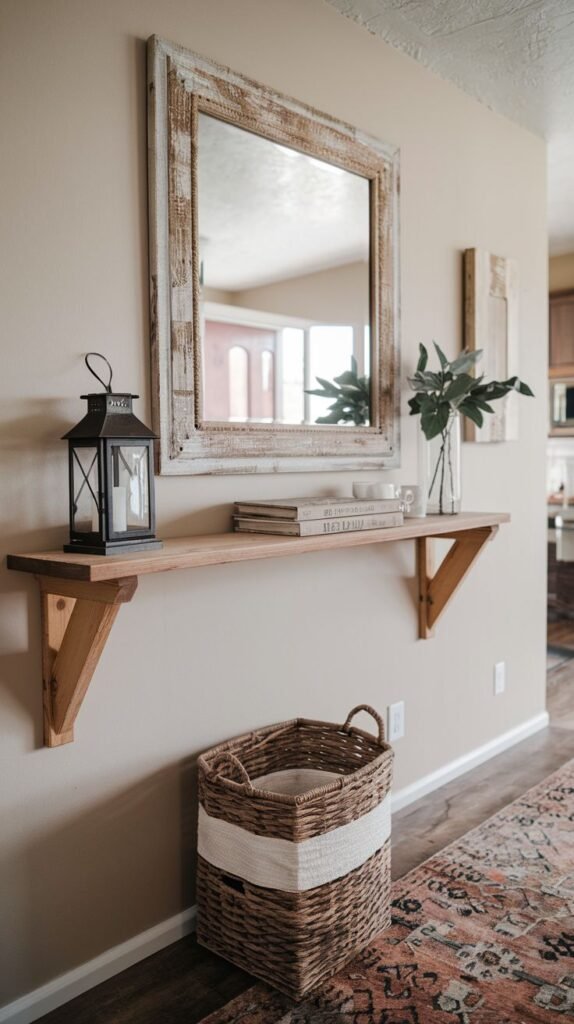 Entryway vignette featuring a square mirror with a distressed white frame hung above a simple wooden floating shelf supported by large triangular brackets.