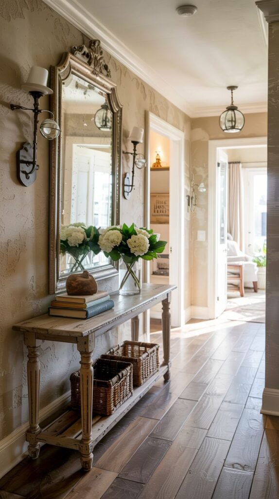 Hallway featuring an ornate, antique-style mirror flanked by metal wall sconces, positioned above a formal, distressed console table.